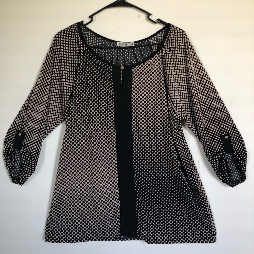 AGENDA Womens Top Size XL Loose Style 3/4 Sleeves Silky Polyester Black Beige
